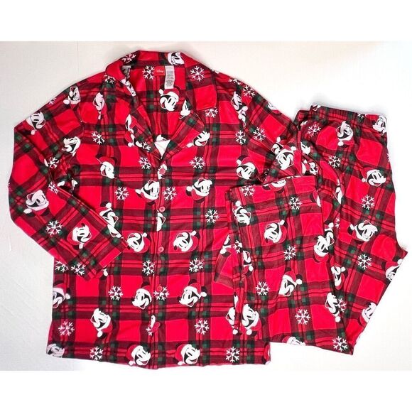 Disney Mickey Mouse Holida Party Santa Hat Plaid Flannel Pajama Pant Set LARGE - Picture 1 of 12